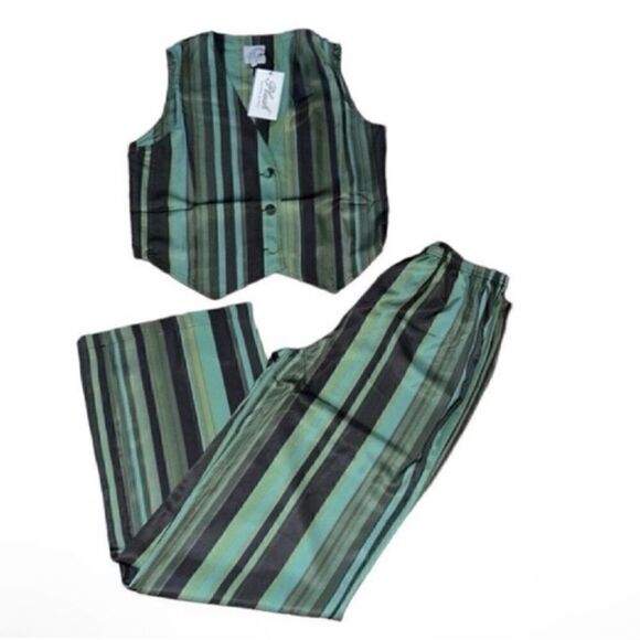 Plush Revolve Striped Green & Black Pants Vest Set(Size Small) - Picture 1 of 8